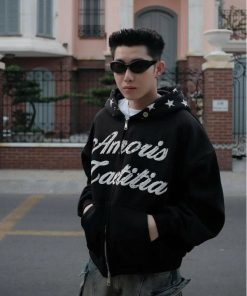 Hoodie Zip Boxy Nỉ Bông 380gsm AMORIS "STARRY" BLACK